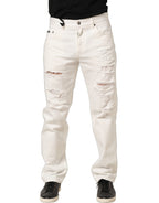 Dolce & Gabbana White Cotton Distressed Straight Denim Jeans