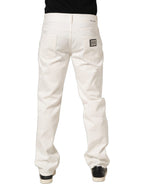 Dolce & Gabbana White Cotton Distressed Straight Denim Jeans
