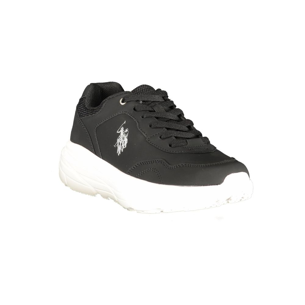 Black U.S. POLO ASSN. women's sneaker made of polyurethane with white sole and sporty design.