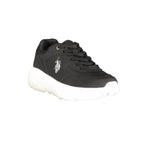 Black U.S. POLO ASSN. women's sneaker made of polyurethane with white sole and sporty design.