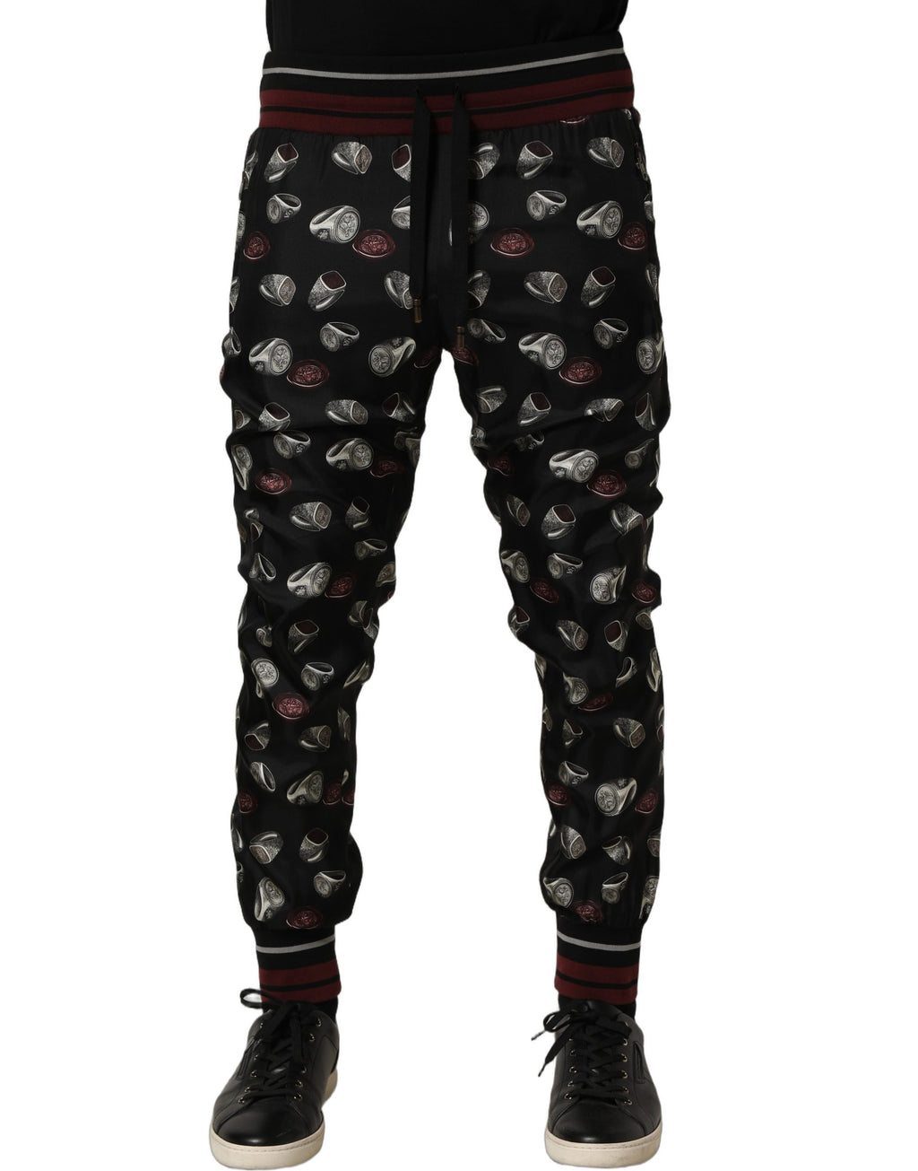 Dolce & Gabbana Pants Black Ring Print Silk Jogging Trousers