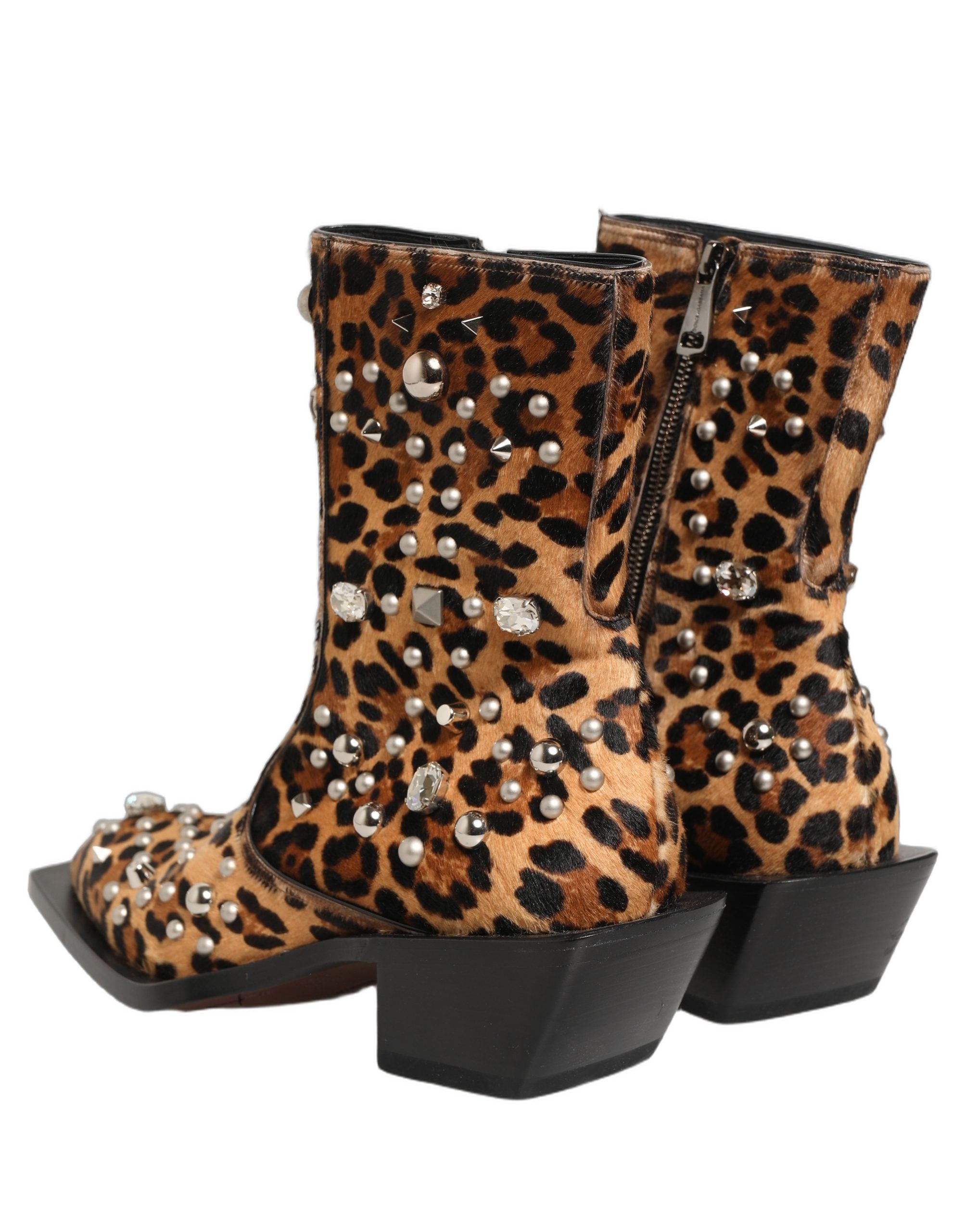 Dolce & Gabbana Brown Leopard Embellished Mid Calf Men Boots Shoes Dolce & Gabbana