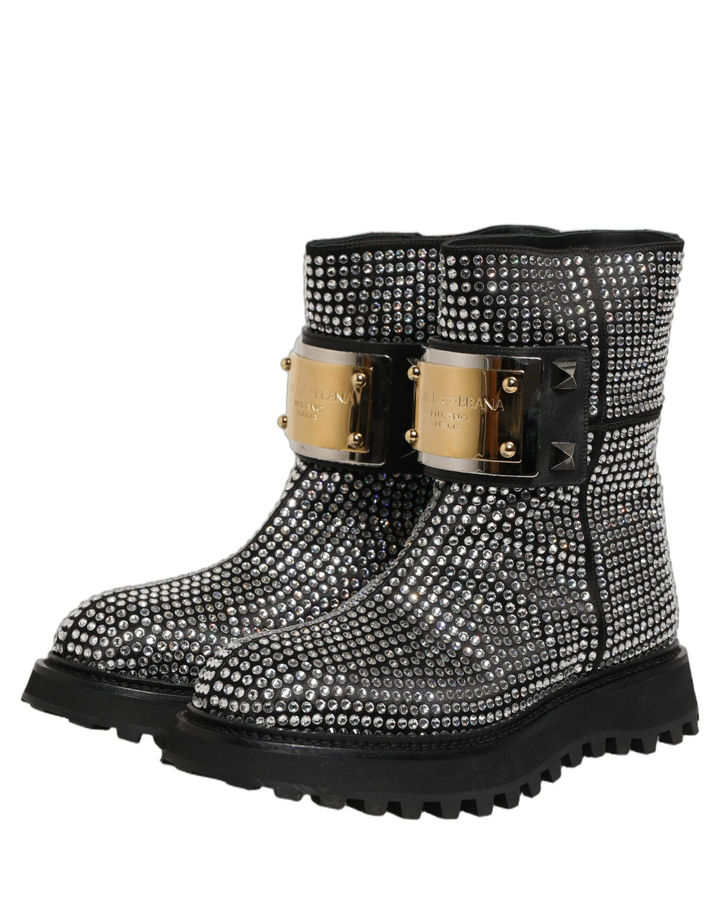 Dolce & Gabbana black short boots with crystal embellishments and sleek design, stylish women's footwear.