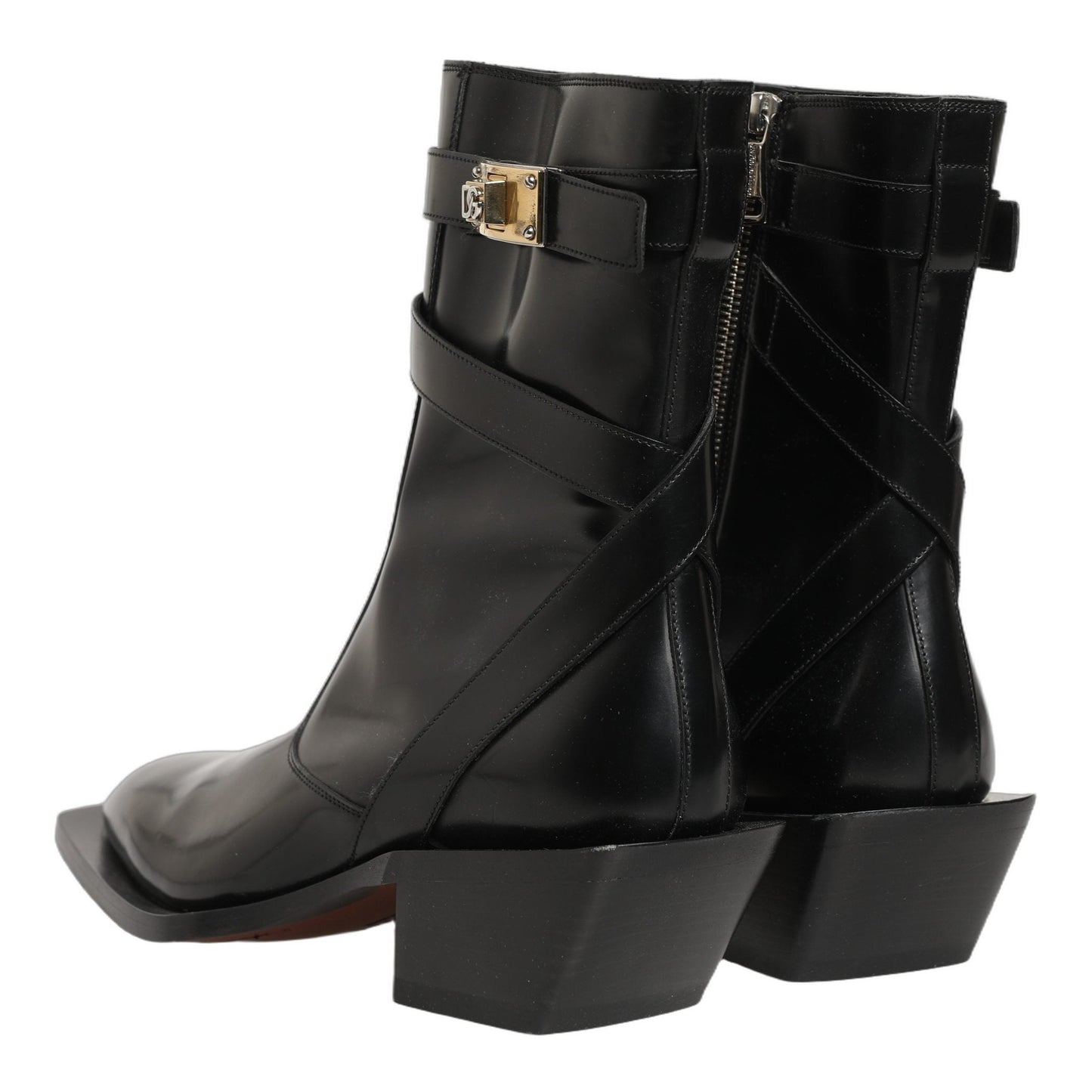 Dolce & Gabbana Black Leather DG Plaque Mid Calf Boots Shoes Dolce & Gabbana