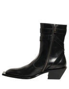 Dolce & Gabbana Black Leather DG Plaque Mid Calf Boots Shoes