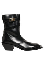 Dolce & Gabbana Black Leather DG Plaque Mid Calf Boots Shoes