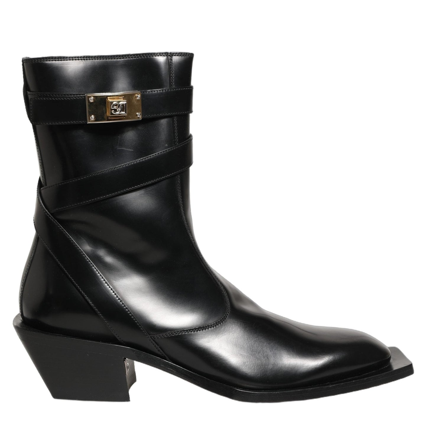 Dolce & Gabbana Black Leather DG Plaque Mid Calf Boots Shoes Dolce & Gabbana