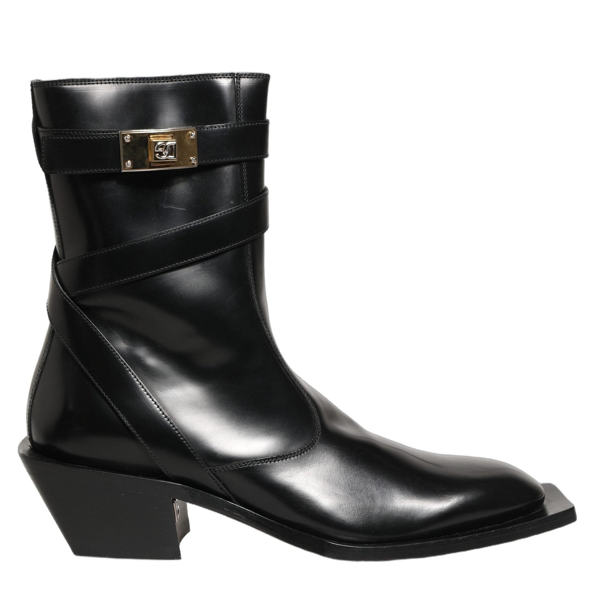 Dolce & Gabbana Black Leather DG Plaque Mid Calf Boots Shoes Dolce & Gabbana