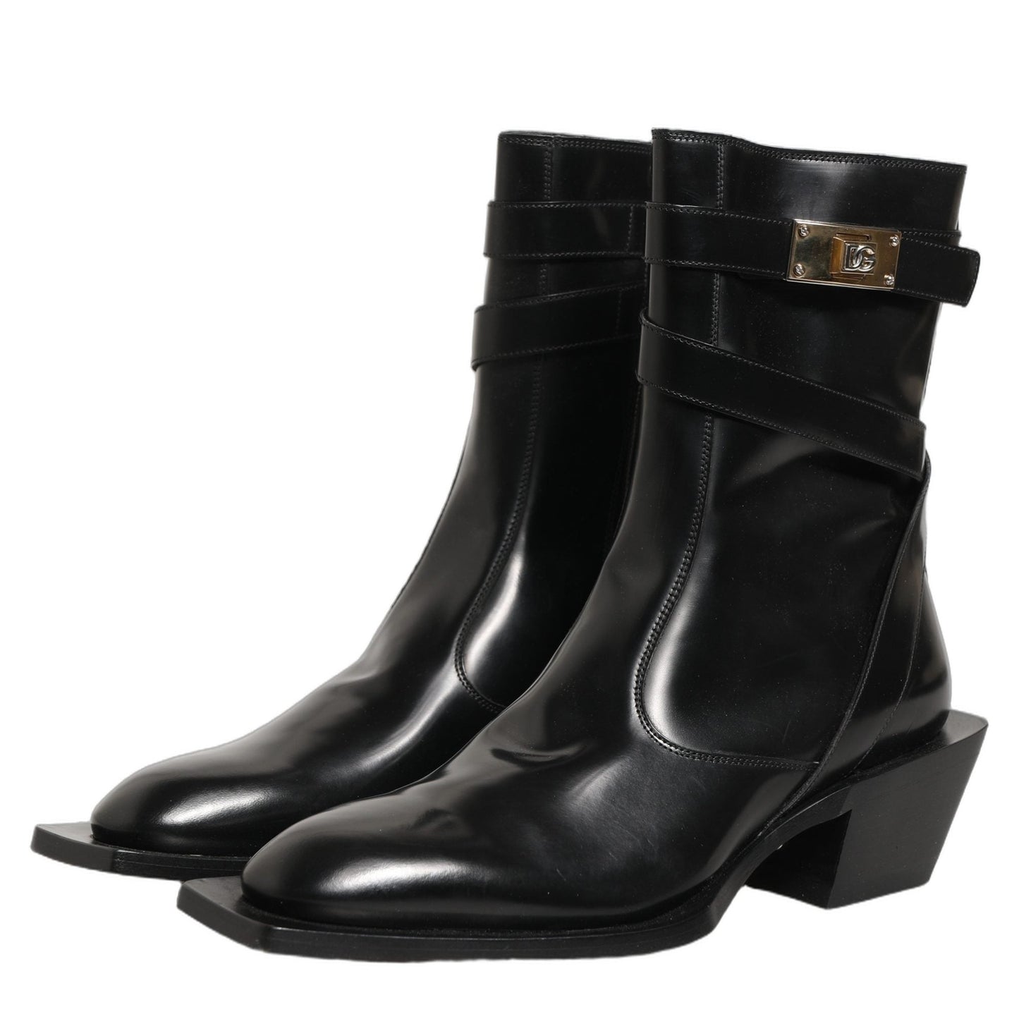 Dolce & Gabbana Black Leather DG Plaque Mid Calf Boots Shoes Dolce & Gabbana