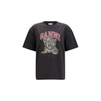 Black cotton T-shirt by Ganni, featuring a classic fit and short sleeves, displayed flat on a white background.