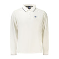 North Sails white cotton men's polo shirt displayed on a hanger, showcasing a classic collar and short sleeves.