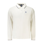 North Sails white cotton men's polo shirt displayed on a hanger, showcasing a classic collar and short sleeves.