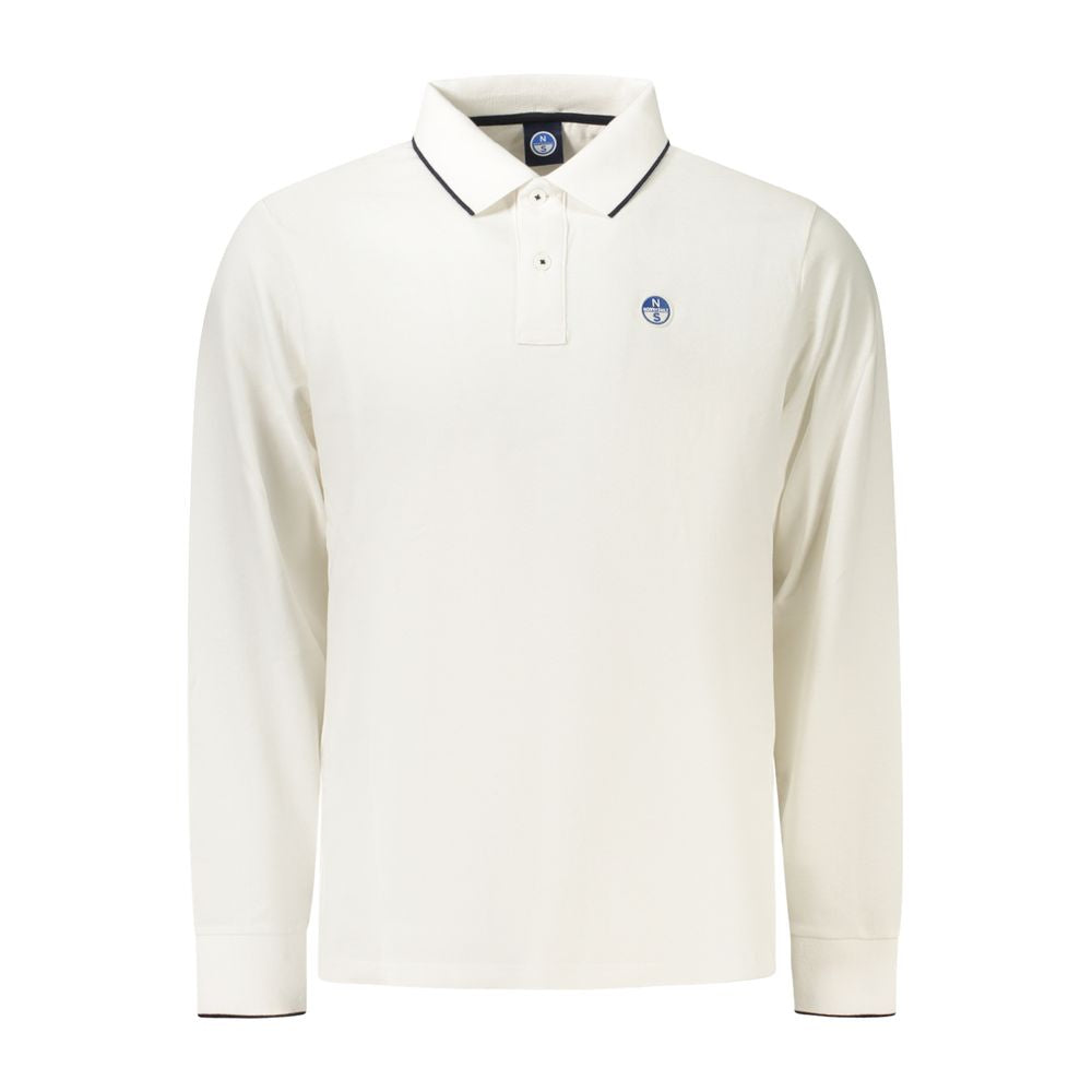 North Sails white cotton men's polo shirt displayed on a hanger, showcasing a classic collar and short sleeves.