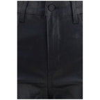 Black leather pants by L'Agence, showing close-up of sleek, fitted design and smooth leather texture.