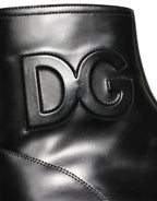 Dolce & Gabbana Black Leather Embossed Logo Ankle Boots Shoes Dolce & Gabbana