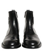 Dolce & Gabbana Black Leather Embossed Logo Ankle Boots Shoes Dolce & Gabbana