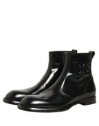 Dolce & Gabbana Black Leather Embossed Logo Ankle Boots Shoes Dolce & Gabbana