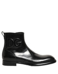 Dolce & Gabbana Black Leather Embossed Logo Ankle Boots Shoes Dolce & Gabbana