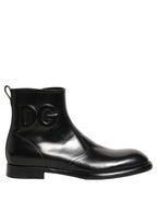 Dolce & Gabbana Black Leather Embossed Logo Ankle Boots Shoes Dolce & Gabbana