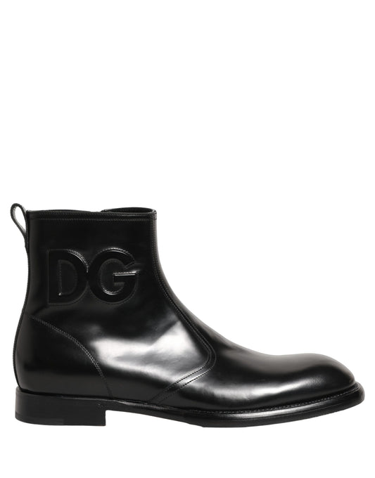 Dolce & Gabbana Black Leather Embossed Logo Ankle Boots Shoes Dolce & Gabbana