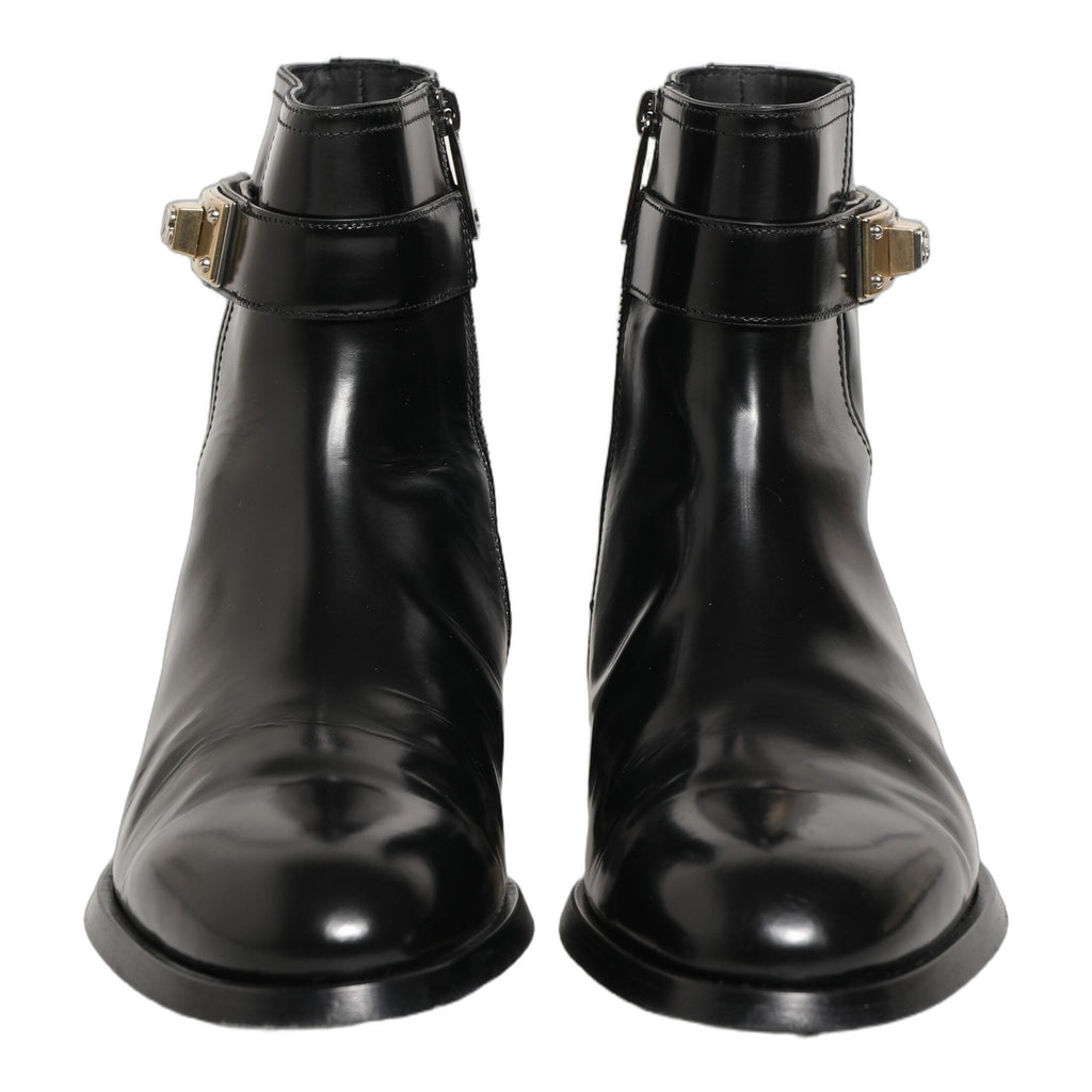 Dolce & Gabbana Black Leather Logo Buckle Mid Calf Boots Shoes Dolce & Gabbana