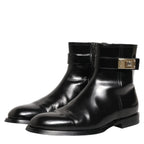 Dolce & Gabbana Black Leather Logo Buckle Mid Calf Boots Shoes Dolce & Gabbana