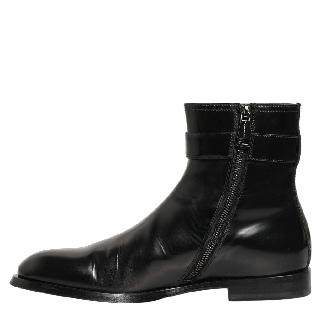 Dolce & Gabbana Black Leather Logo Buckle Mid Calf Boots Shoes Dolce & Gabbana
