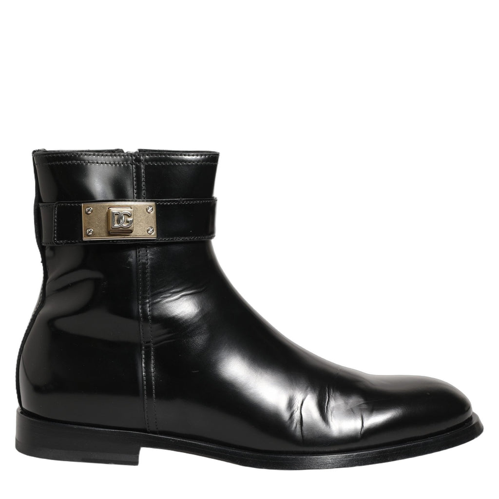 Dolce & Gabbana Black Leather Logo Buckle Mid Calf Boots Shoes Dolce & Gabbana