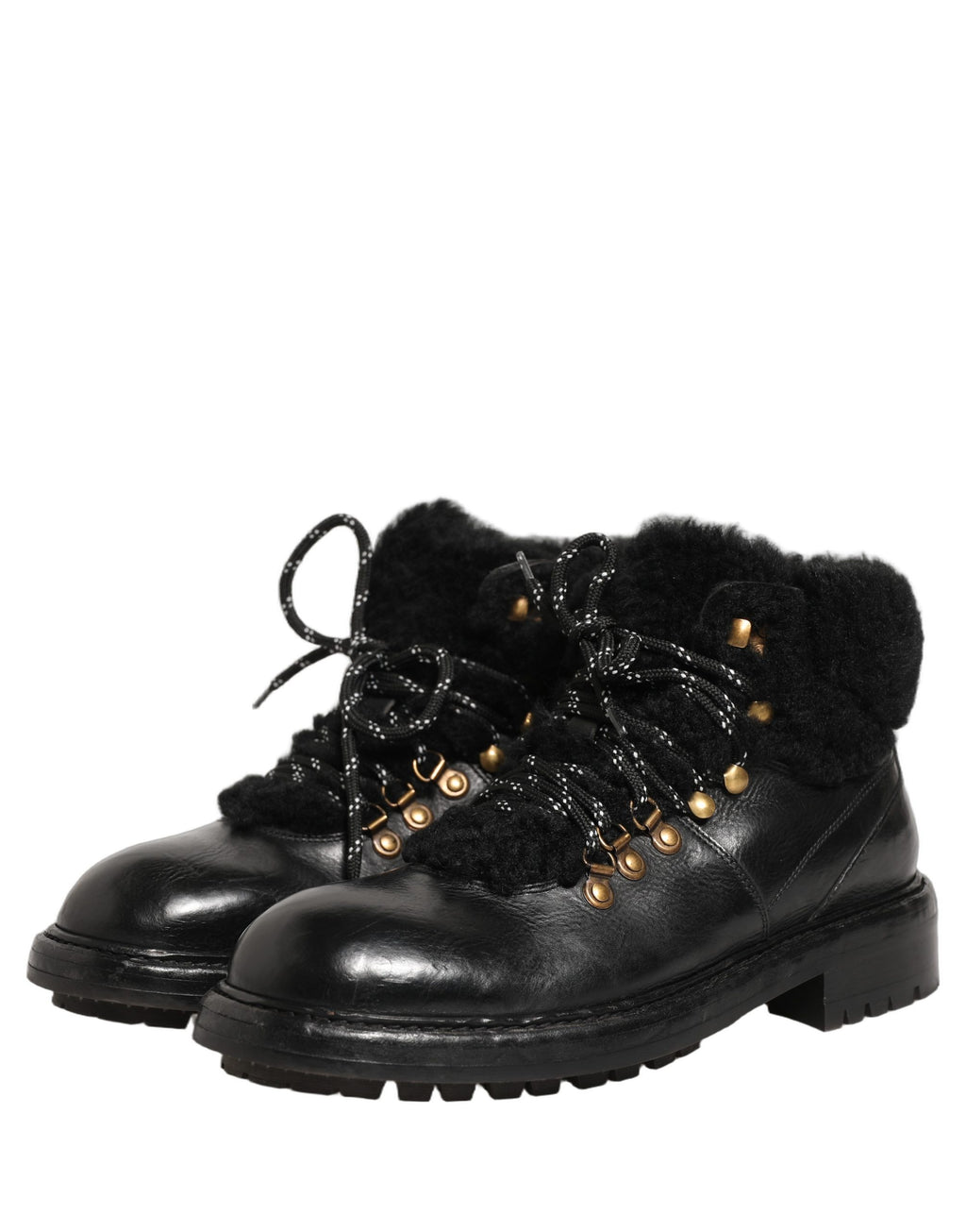 Dolce & Gabbana Black Trekking Fur Lace Leather Boots Shoes Dolce & Gabbana
