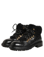 Dolce & Gabbana Black Trekking Fur Lace Leather Boots Shoes Dolce & Gabbana