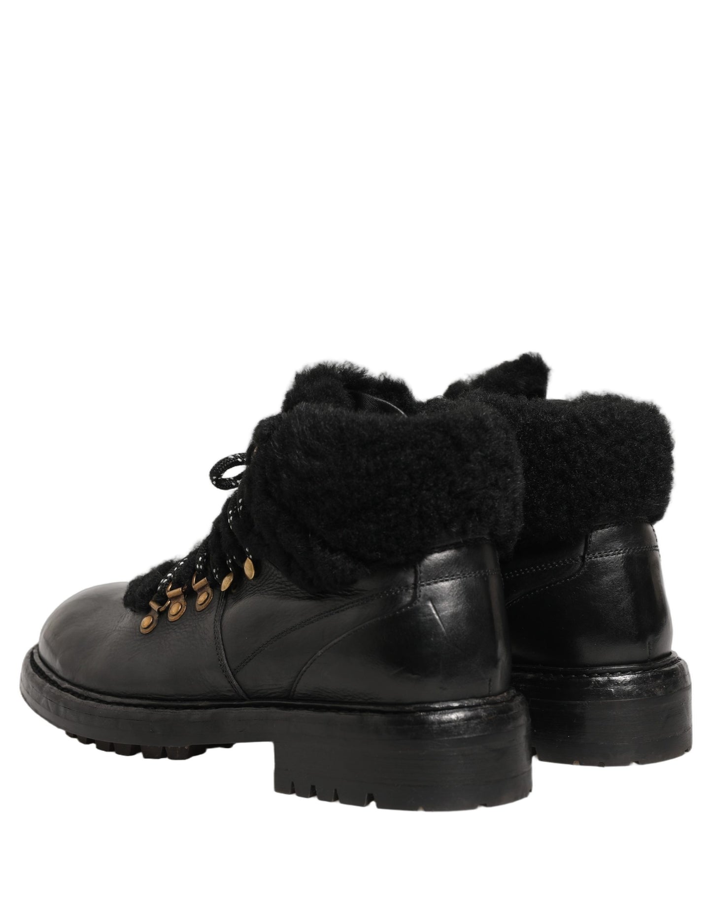 Dolce & Gabbana Black Trekking Fur Lace Leather Boots Shoes Dolce & Gabbana