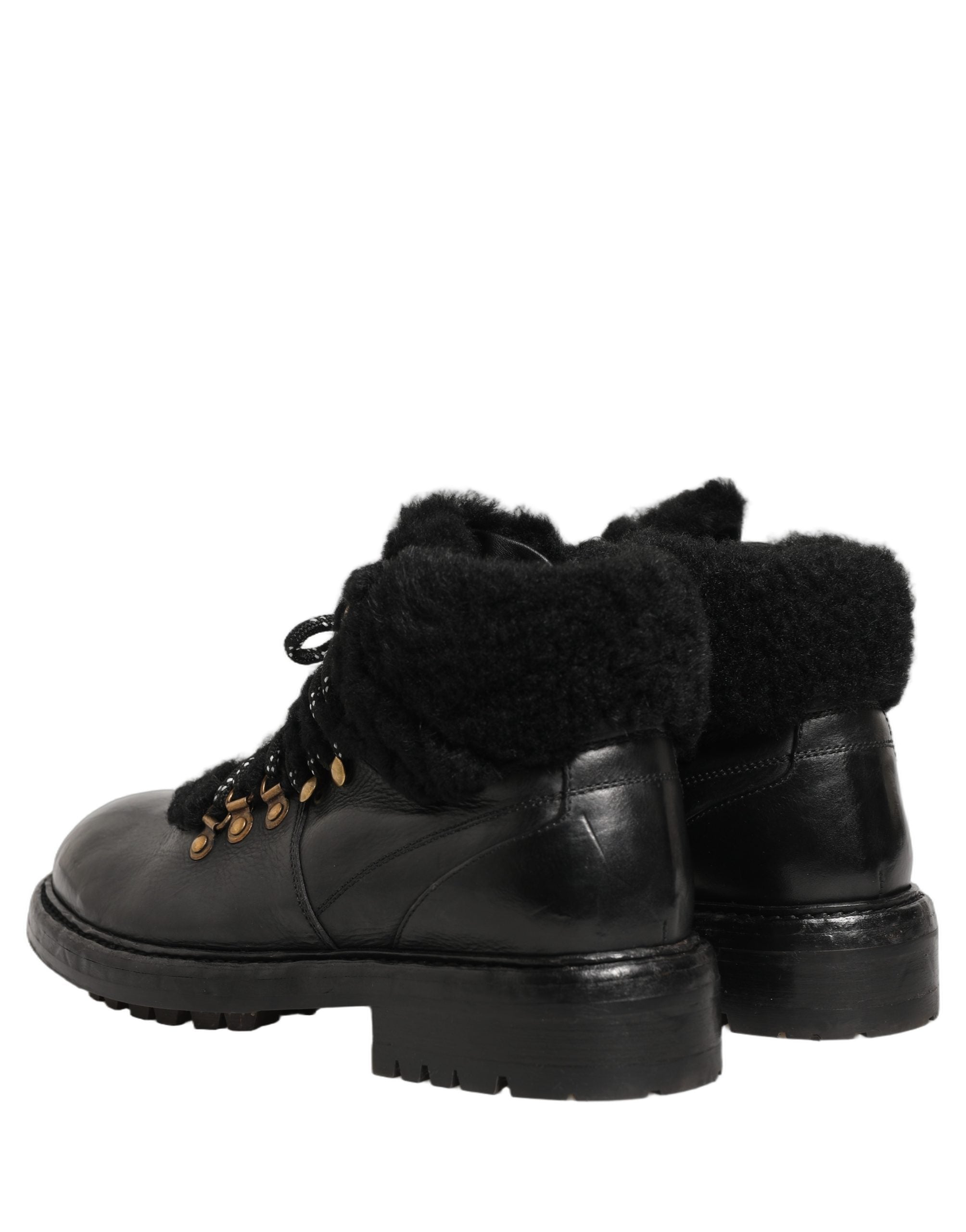 Dolce & Gabbana Black Trekking Fur Lace Leather Boots Shoes Dolce & Gabbana