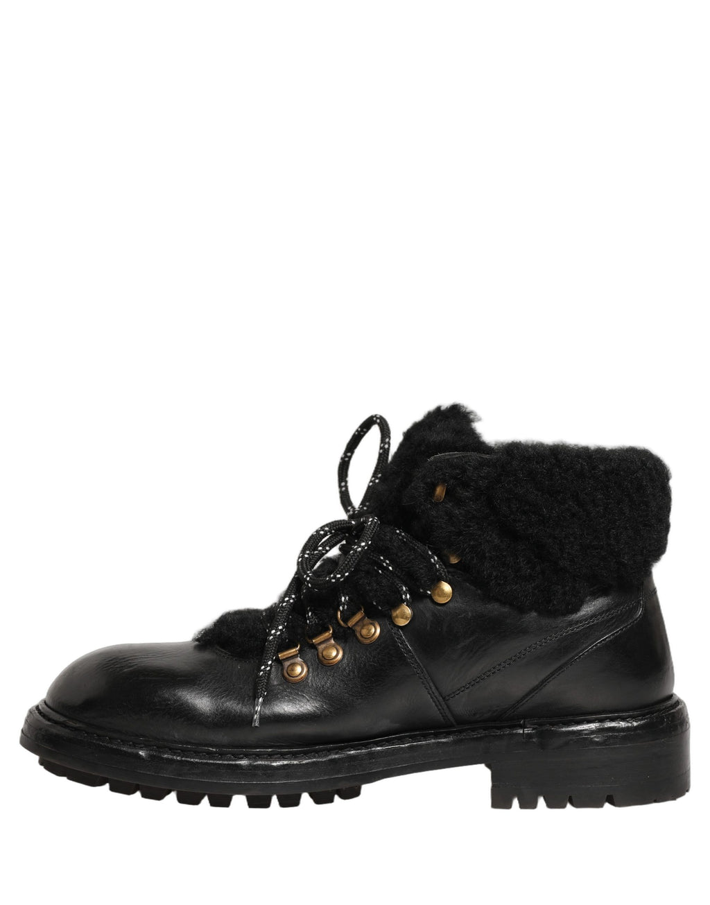 Dolce & Gabbana Black Trekking Fur Lace Leather Boots Shoes Dolce & Gabbana