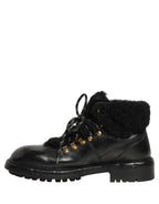 Dolce & Gabbana Black Trekking Fur Lace Leather Boots Shoes Dolce & Gabbana