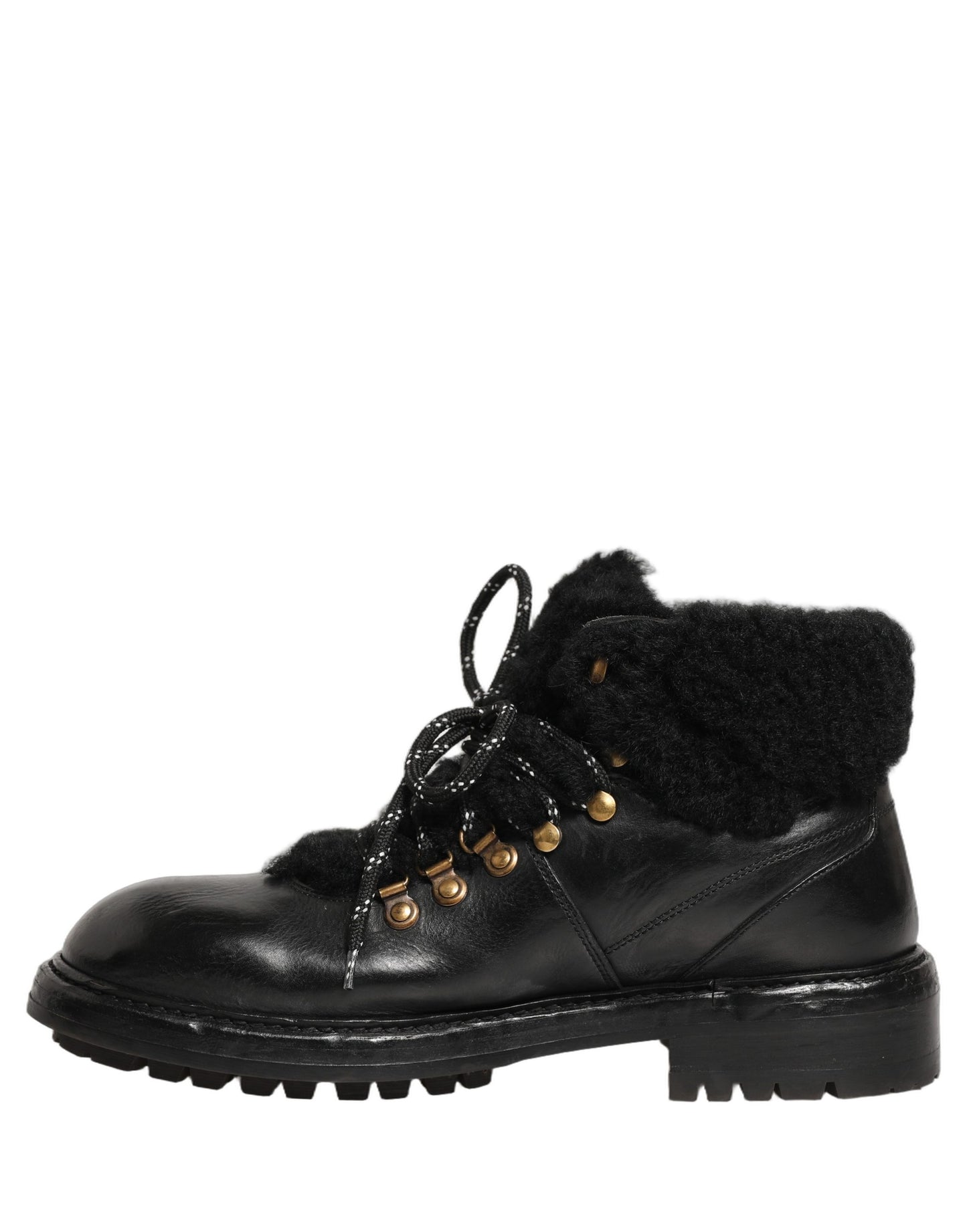 Dolce & Gabbana Black Trekking Fur Lace Leather Boots Shoes Dolce & Gabbana