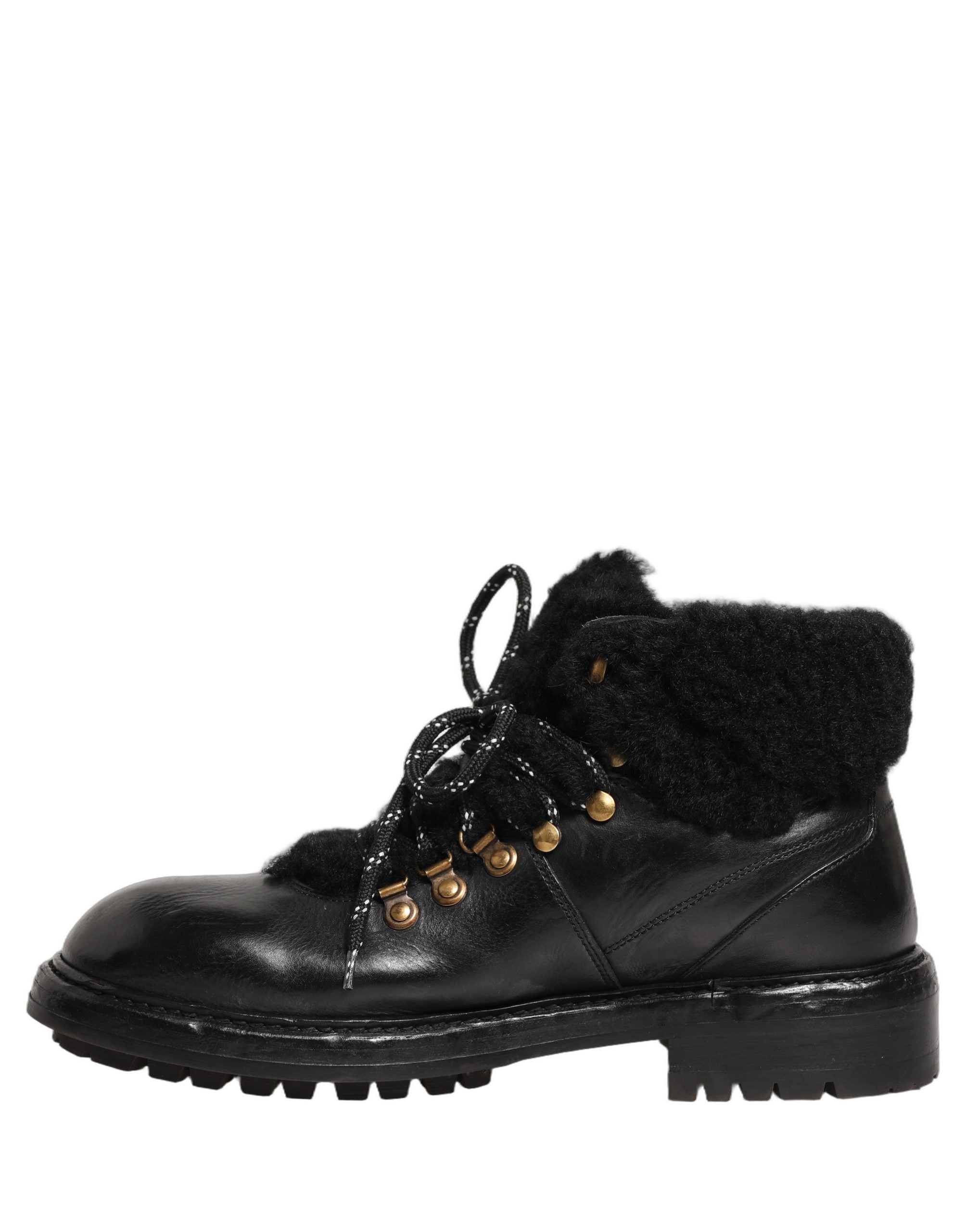Dolce & Gabbana Black Trekking Fur Lace Leather Boots Shoes Dolce & Gabbana