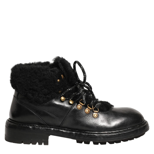 Dolce & Gabbana Black Trekking Fur Lace Leather Boots Shoes Dolce & Gabbana