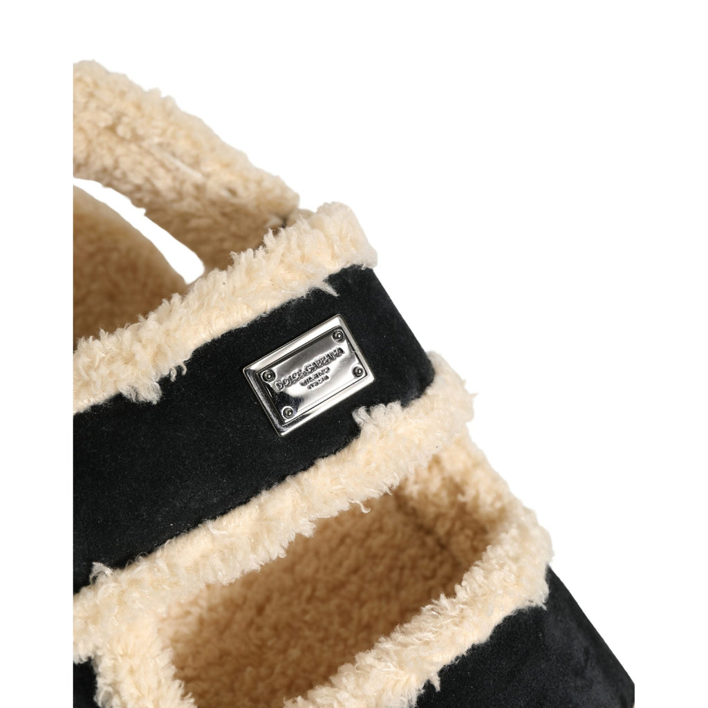 Dolce & Gabbana Beige Black Faux Fur Flats Men Sandals Shoes Dolce & Gabbana