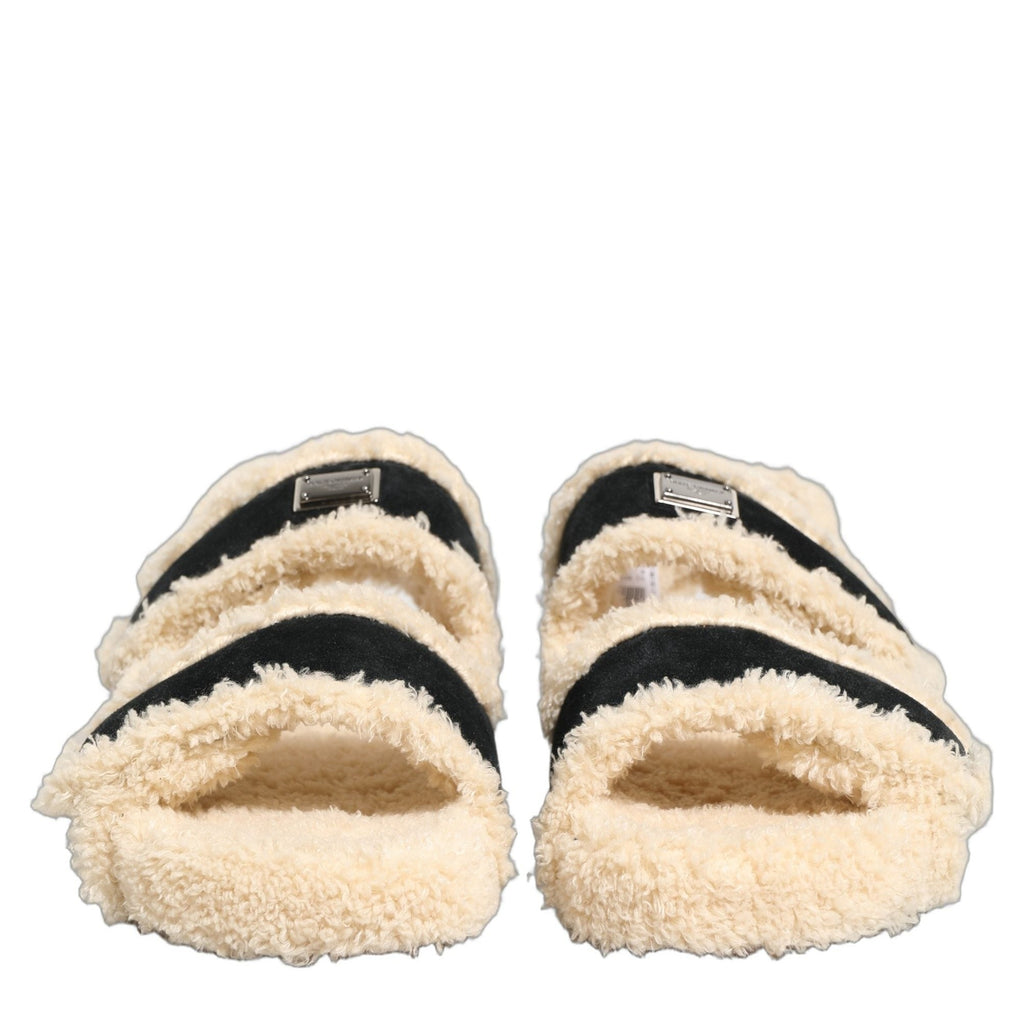 Dolce & Gabbana Beige Black Faux Fur Flats Men Sandals Shoes Dolce & Gabbana