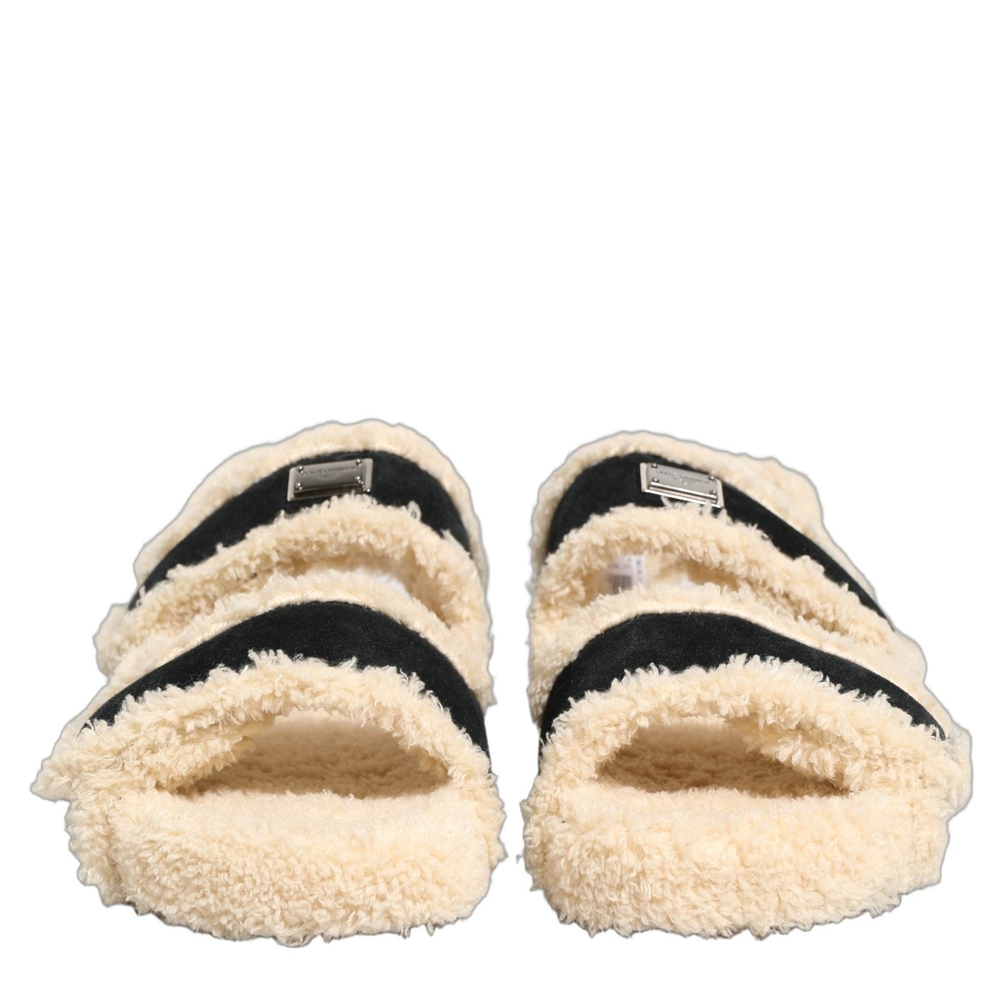 Dolce & Gabbana Beige Black Faux Fur Flats Men Sandals Shoes Dolce & Gabbana