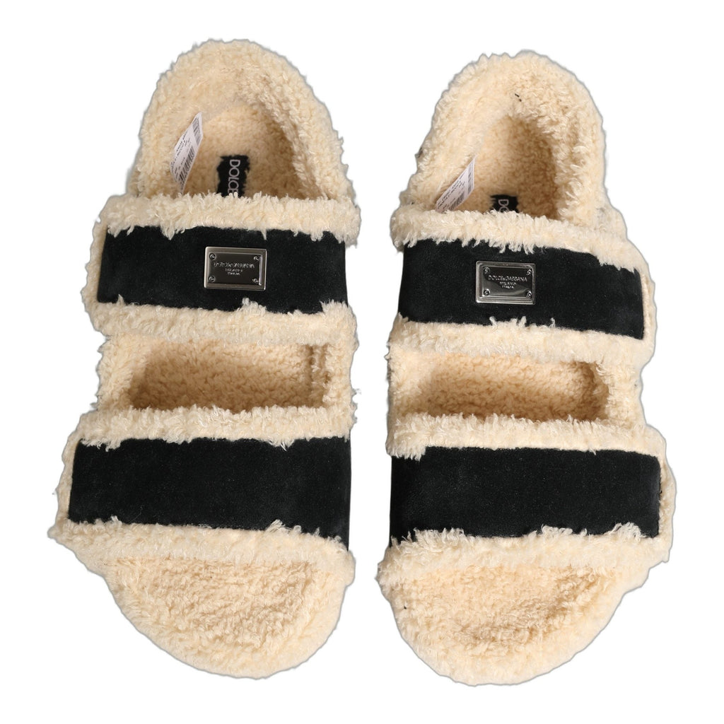 Dolce & Gabbana Beige Black Faux Fur Flats Men Sandals Shoes Dolce & Gabbana