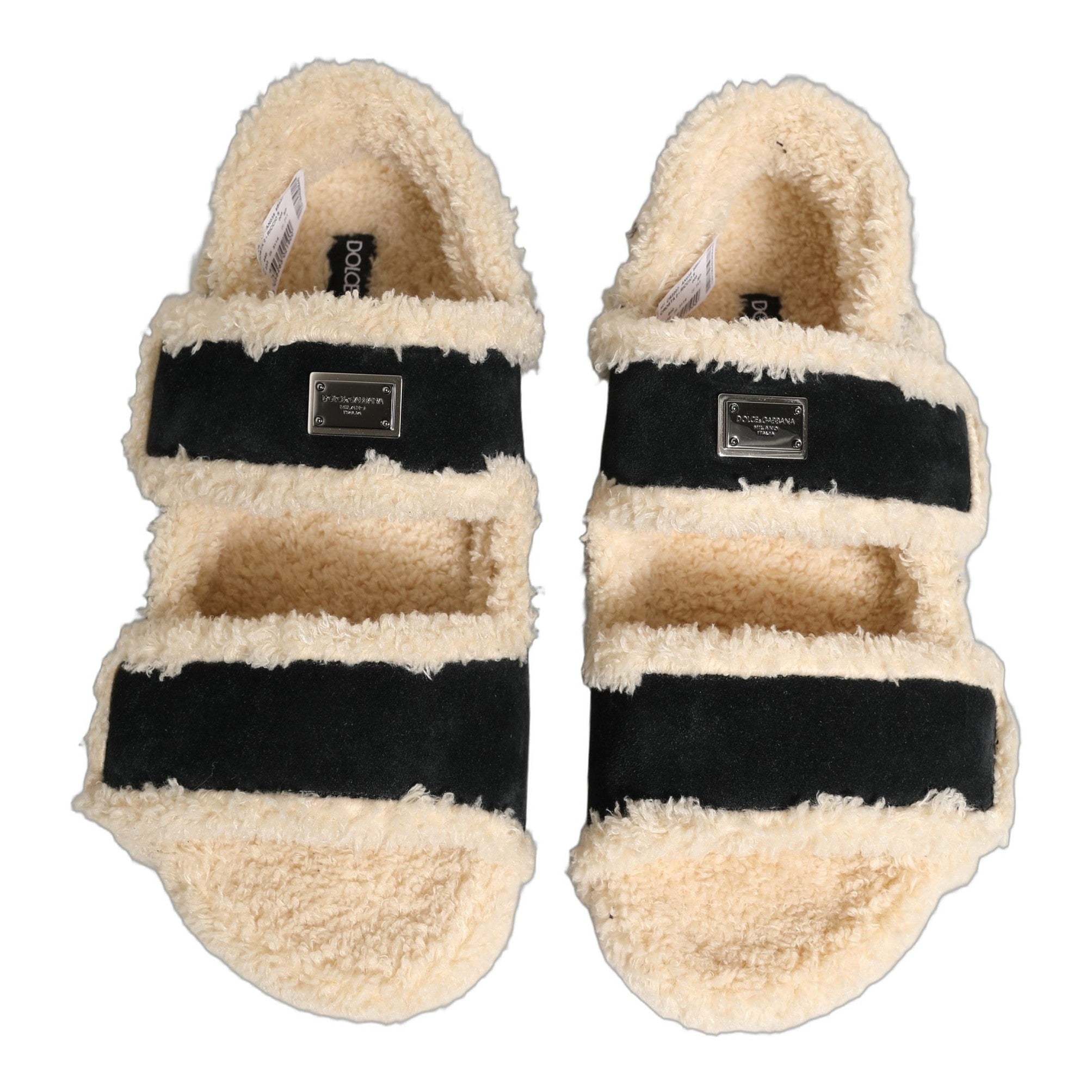 Dolce & Gabbana Beige Black Faux Fur Flats Men Sandals Shoes Dolce & Gabbana
