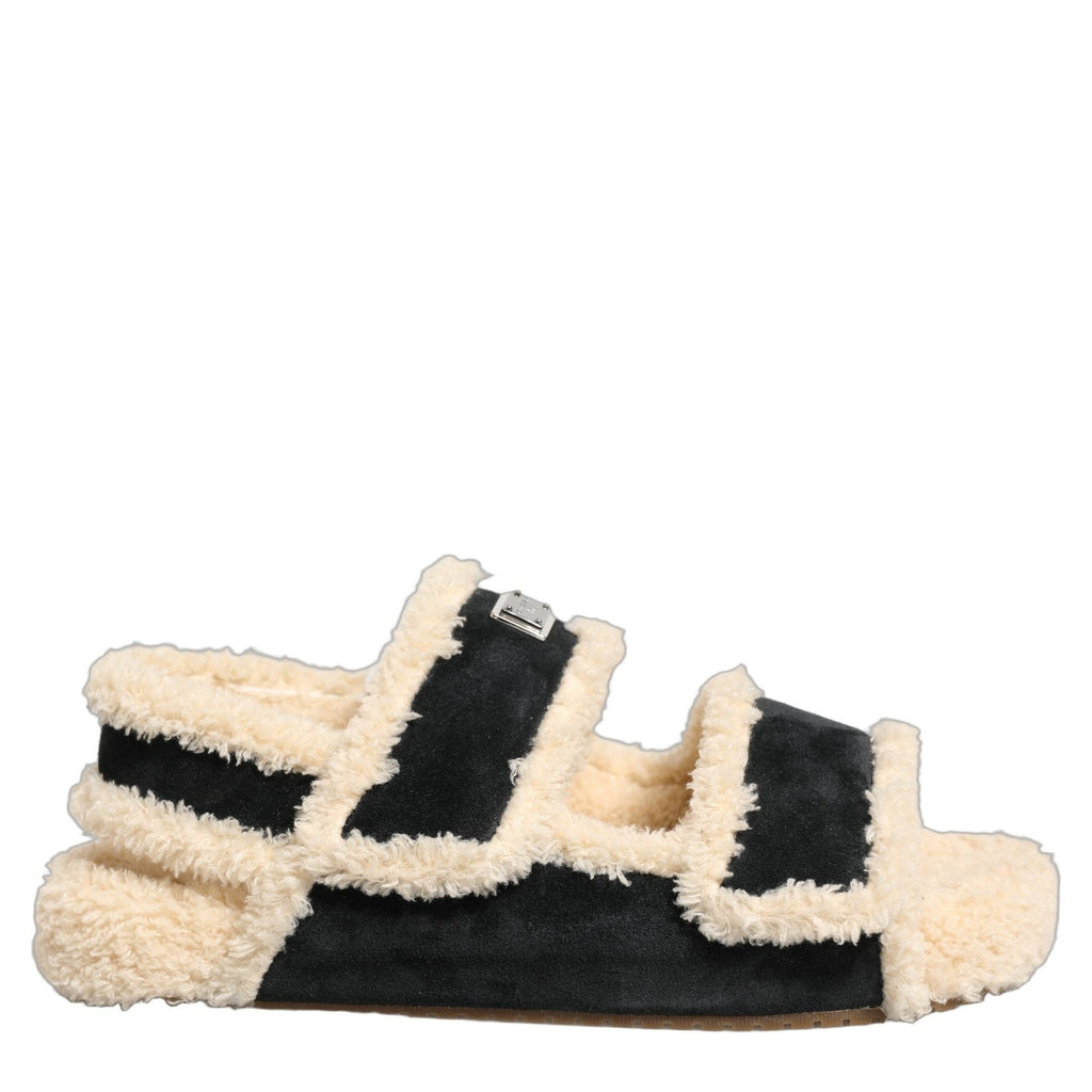 Dolce & Gabbana Beige Black Faux Fur Flats Men Sandals Shoes Dolce & Gabbana