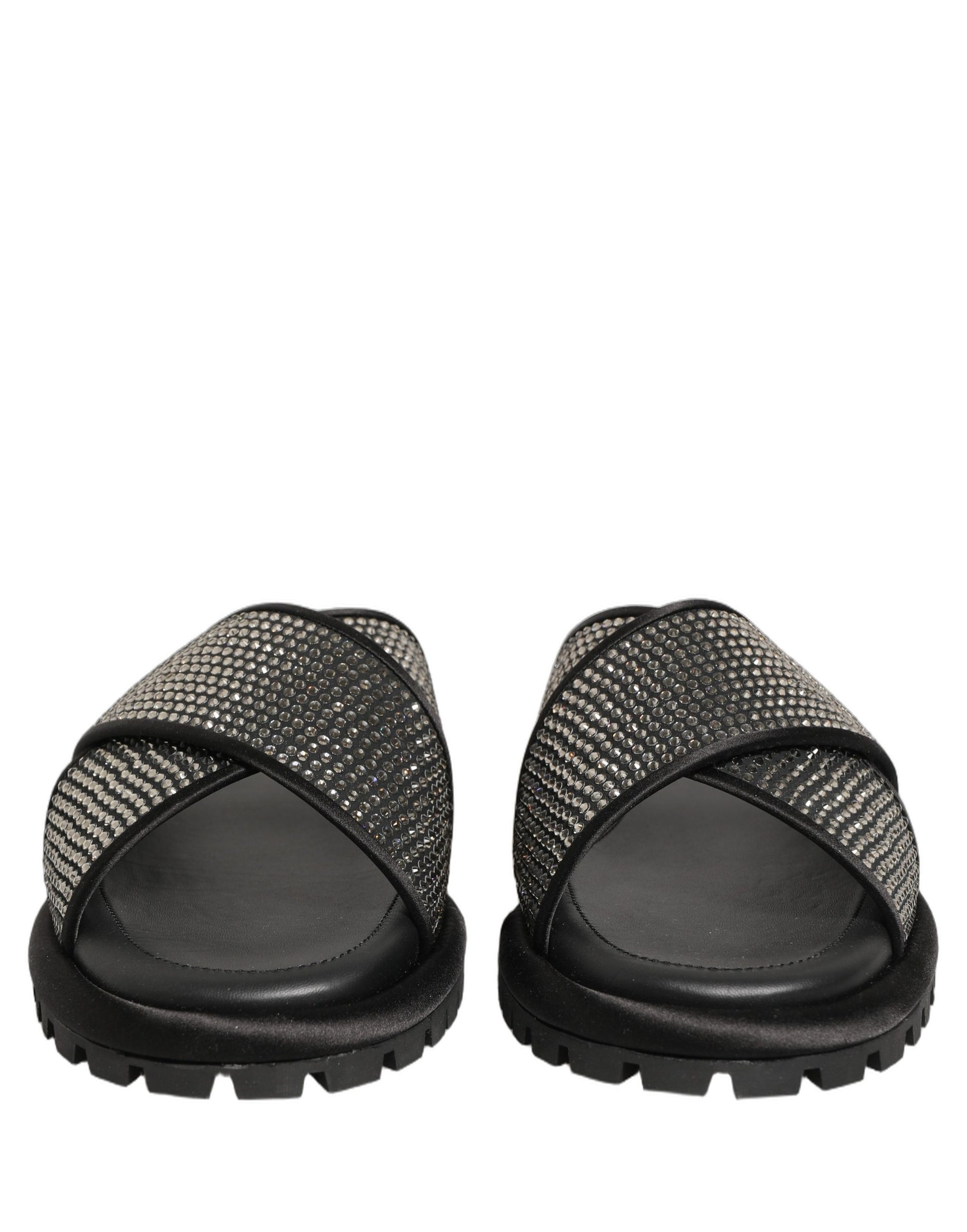 Dolce & Gabbana Black Strass Criss Cross Slide Sandals Shoes Dolce & Gabbana