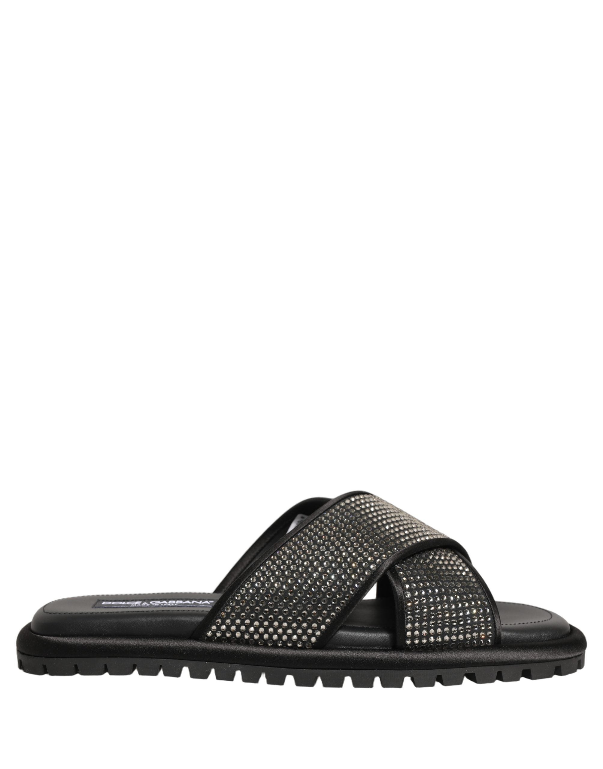 Dolce & Gabbana Black Strass Criss Cross Slide Sandals Shoes Dolce & Gabbana