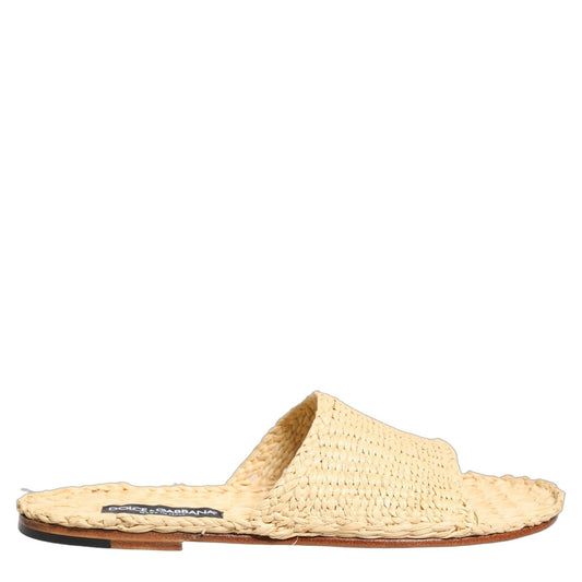 Dolce & Gabbana Beige Straw Raffia Slides Sandals Flats Shoes Dolce & Gabbana