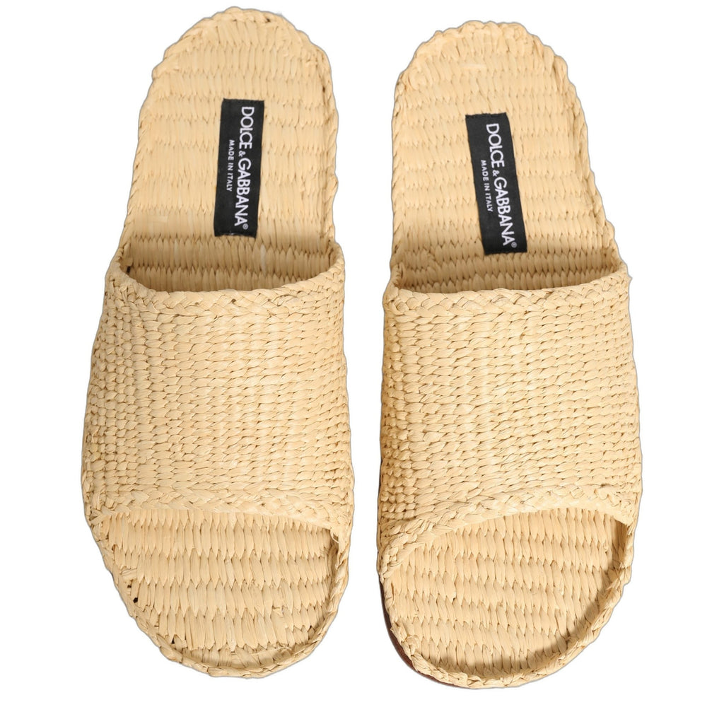 Dolce & Gabbana Beige Straw Raffia Slides Sandals Flats Shoes Dolce & Gabbana