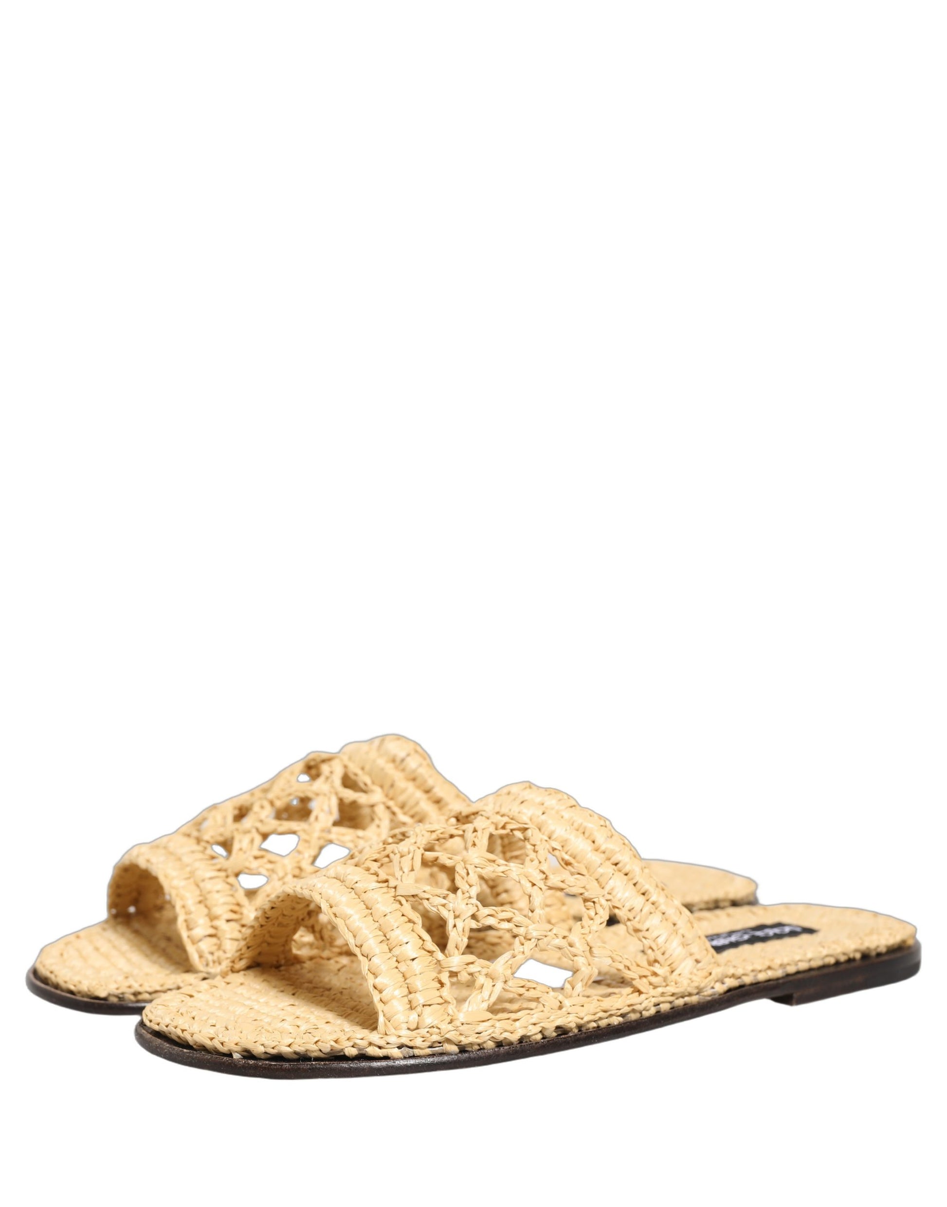 Dolce & Gabbana Beige Straw Raffia Slides Sandals Flats Shoes Dolce & Gabbana