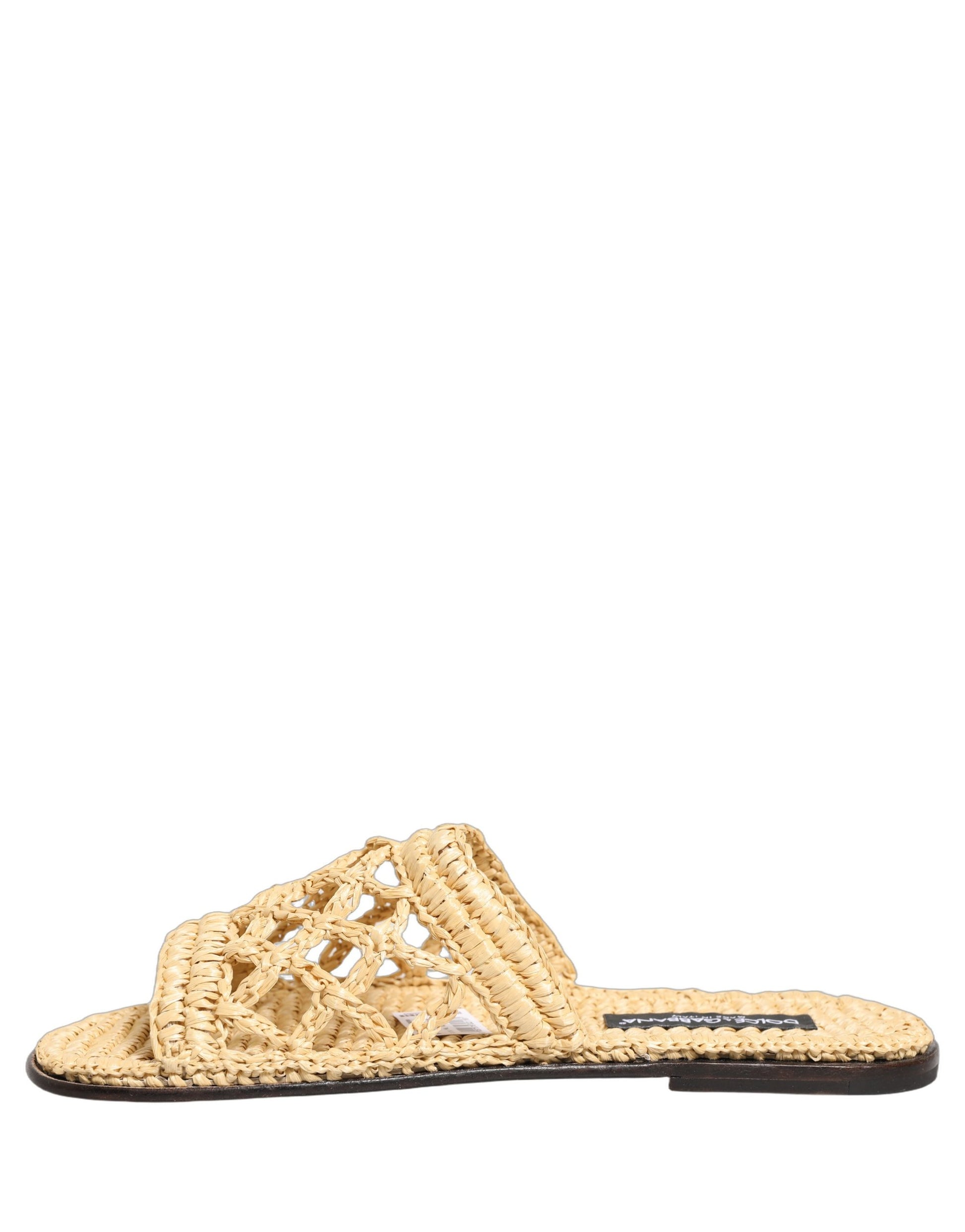 Dolce & Gabbana Beige Straw Raffia Slides Sandals Flats Shoes Dolce & Gabbana