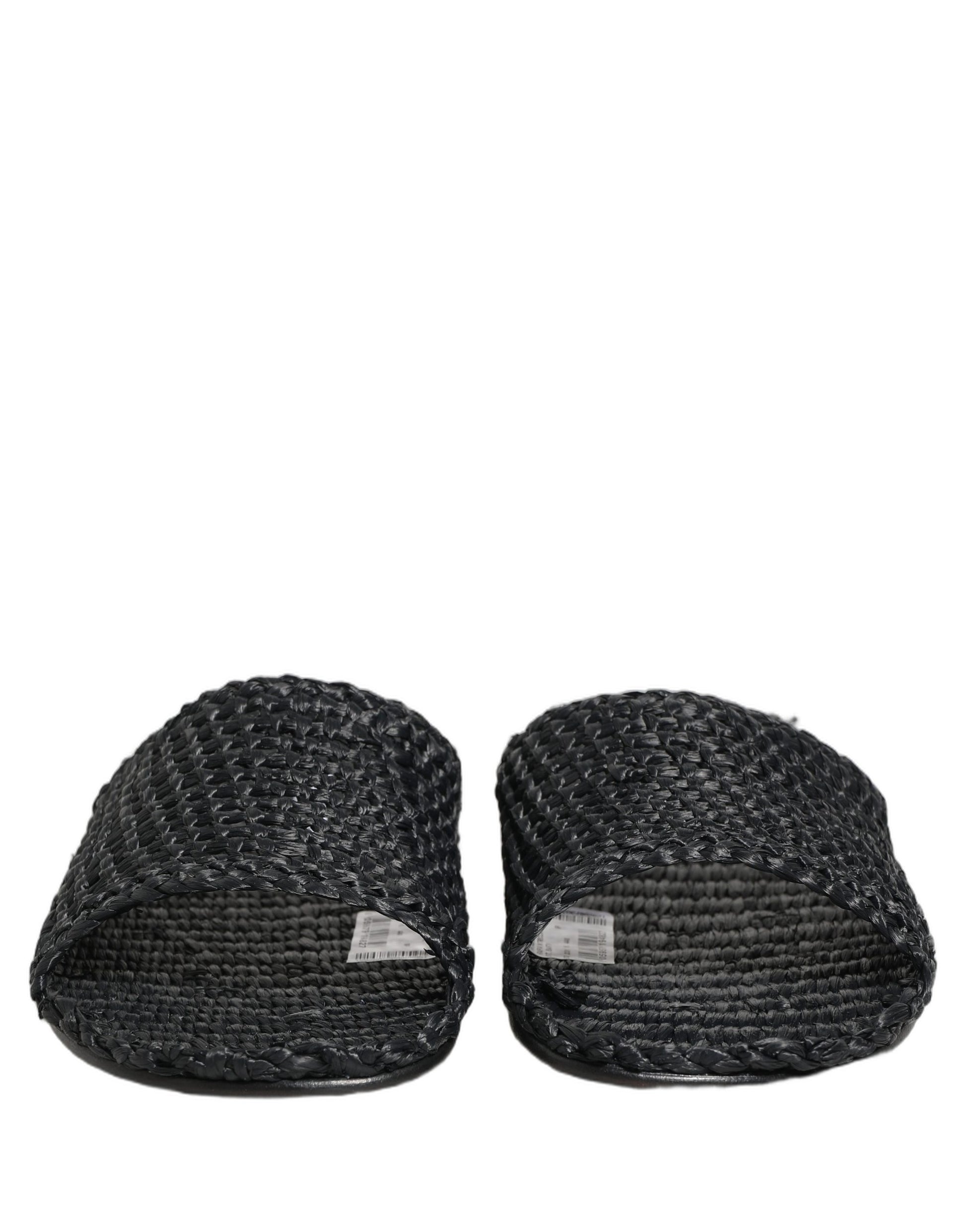 Dolce & Gabbana Black Straw Raffia Slides Sandals Flats Shoes Dolce & Gabbana